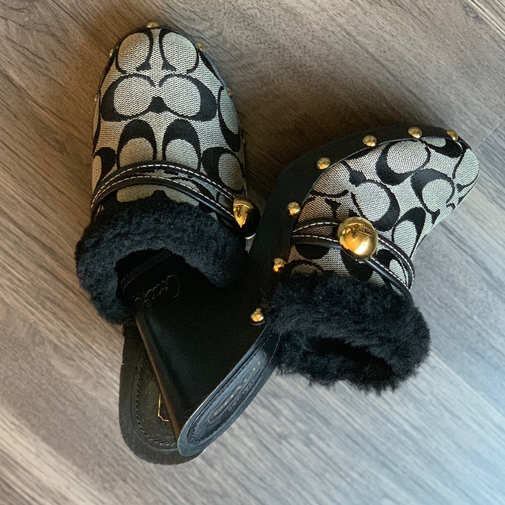 Coach Black & Grey Logo Ivanka Faux Fur Clogs - Picture 3 of 8